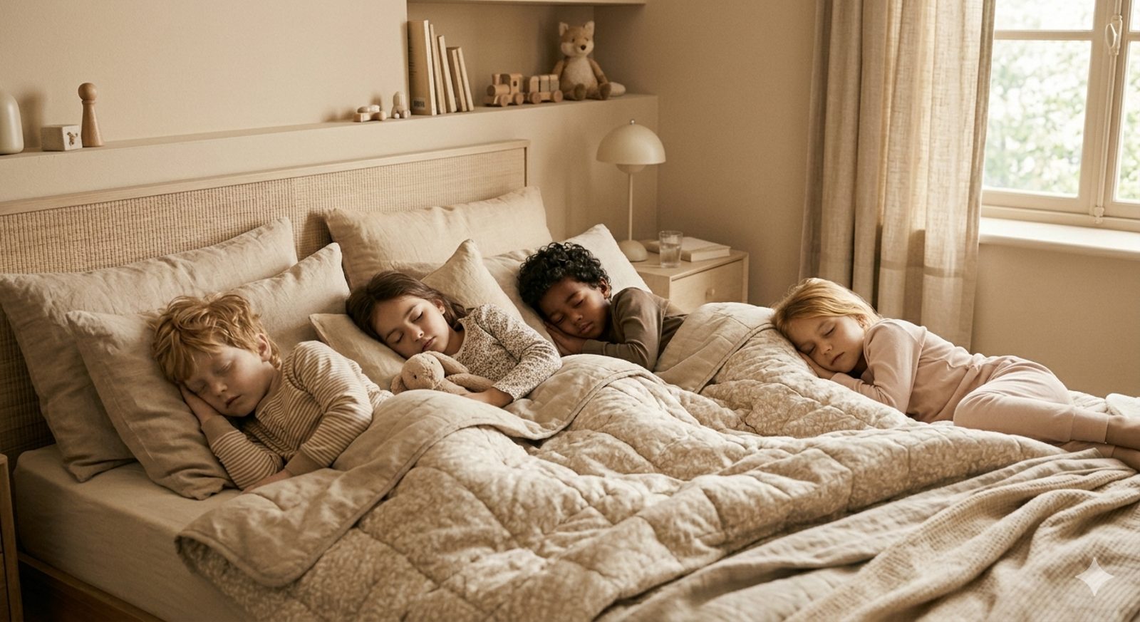 Tres niños durmiendo tranquilos en la cama